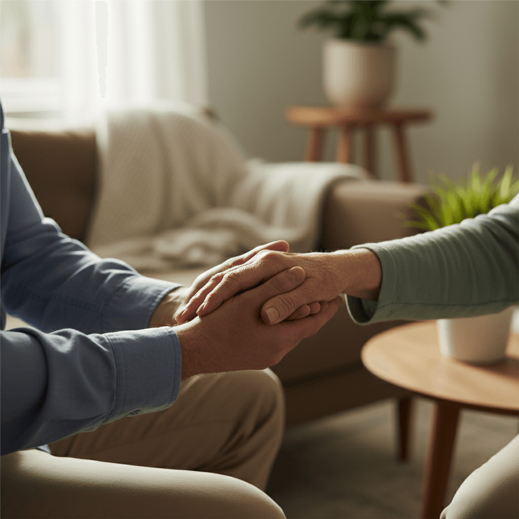Elderly resident and caregiver hands clasping together in warm window light during personal care moment Elderly resident and caregiver hands clasping together in warm window light during personal care moment