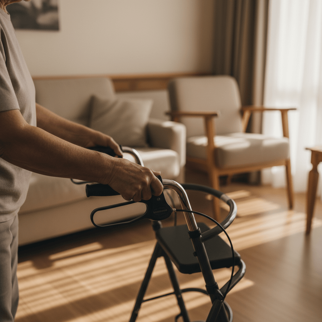 Caregiver's hands gently supporting elderly person using walker in sunlit accessible home environment Caregiver's hands gently supporting elderly person using walker in sunlit accessible home environment
