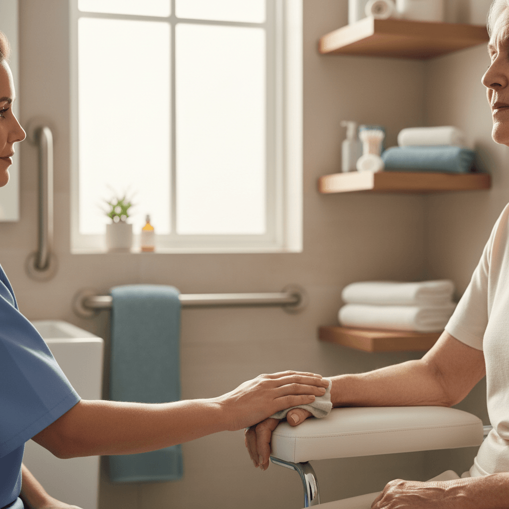 Caregiver gently assisting elderly client with morning routine in modern, accessible bathroom with soft natural light Caregiver gently assisting elderly client with morning routine in modern, accessible bathroom with soft natural light